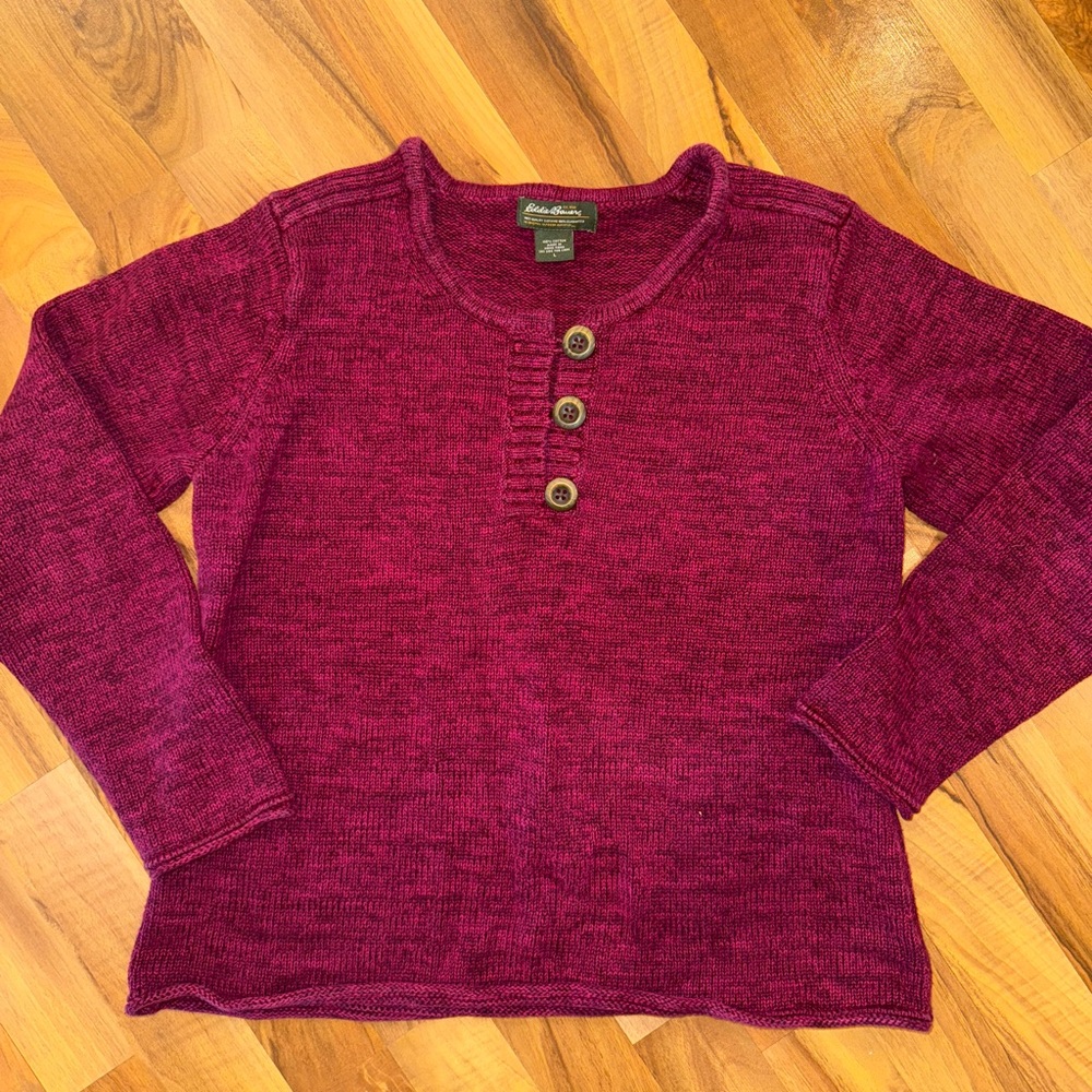 Eddie Bauer women large‎ sweater, button detail, burgundy/pink color 100% cotton